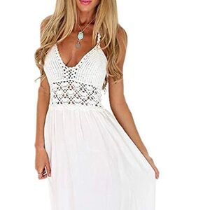 NWT Women's White Beach Crochet Backless Bohemian Halter Maxi Dress - LILBETTER